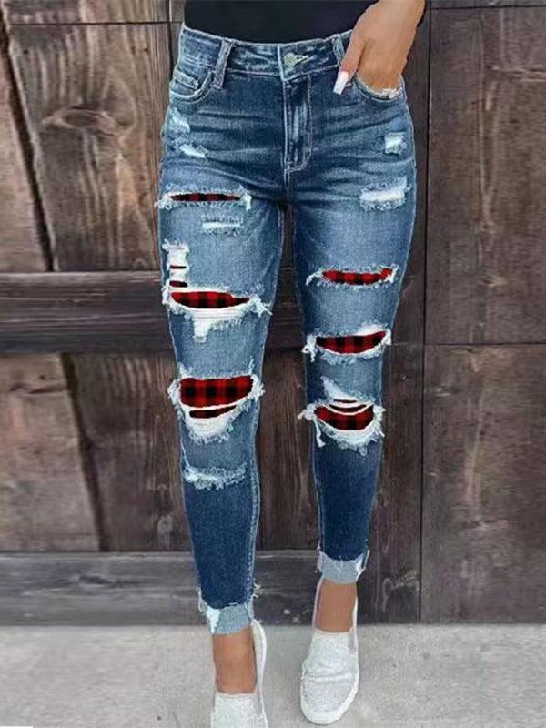 Women's Rip Distressed Lined With Plaid Print Curvy Fit Skinny Jeans