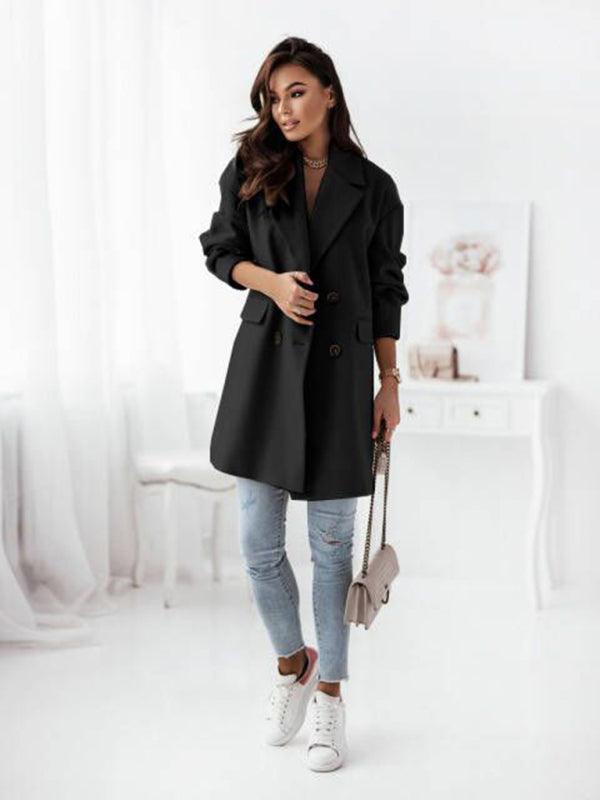 Women's Double-breasted Solid-color Wool Coat
