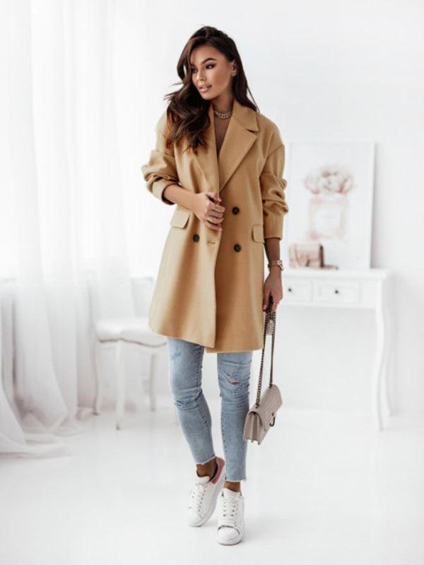 Women's Double-breasted Solid-color Wool Coat