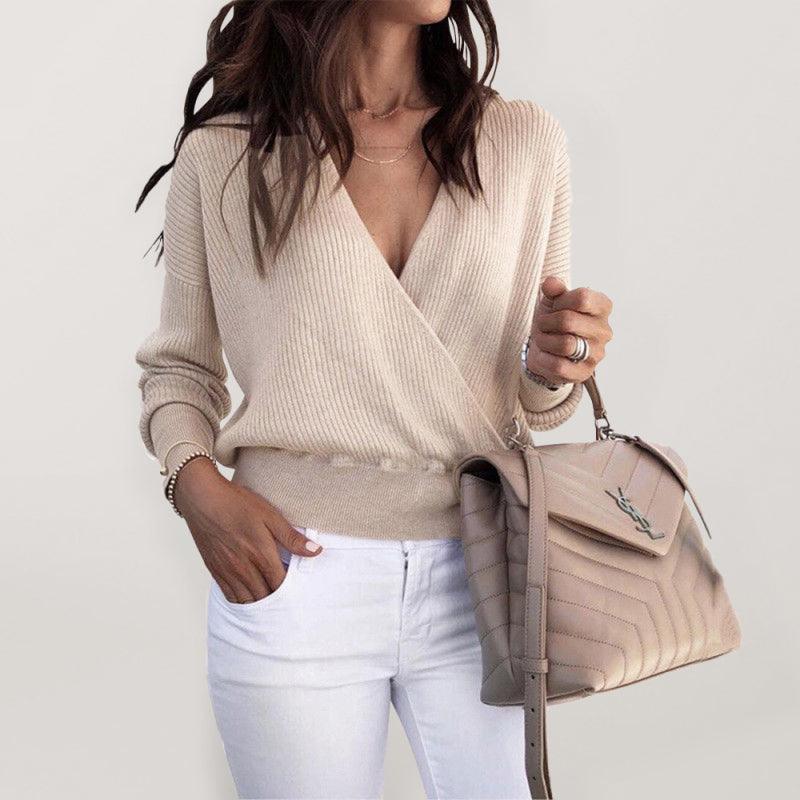 Women's Solid Color Crossover Wrap Rib Sweater