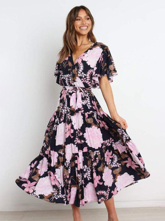 Women's Floral Print Faux Wrap Midi Dress
