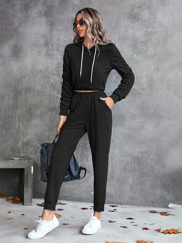 New solid color casual pleated hooded long-sleeved suit