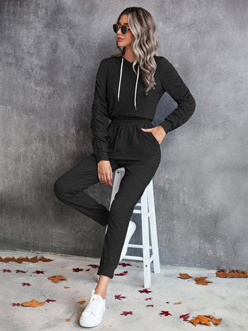 New solid color casual pleated hooded long-sleeved suit