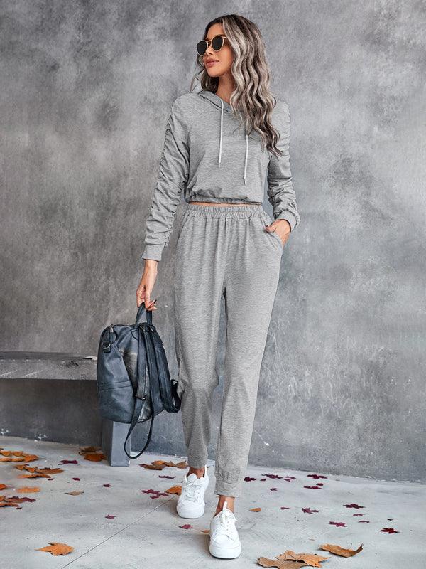 New solid color casual pleated hooded long-sleeved suit