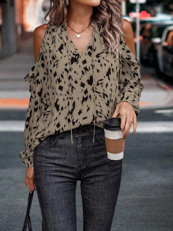 Women's Leopard Print V-neck Tie Front Cold-shoulder Top