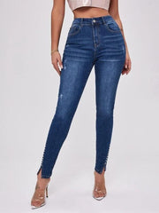 Women's Slit Bead Trim High Waist Jeans