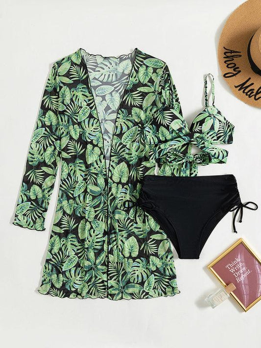 Women's tropical print bikini three-piece sets