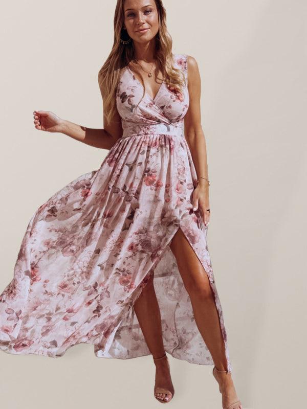 Elegant Floral Print Chiffon Dress Sleeveless Vacation Beach Slit Maxi Dress