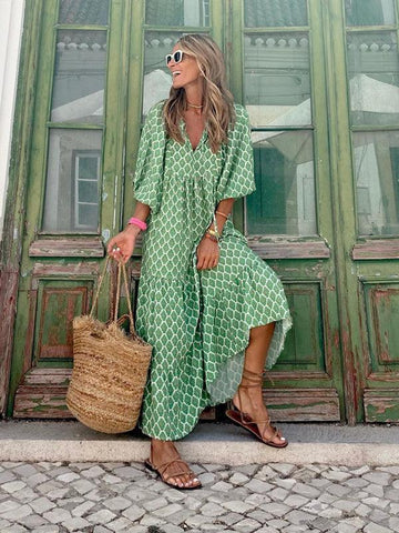 Women's Geometric Print Puff-sleeve Maxi Dress