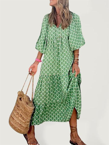 Women's Geometric Print Puff-sleeve Maxi Dress