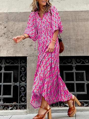 Women's Geometric Print Puff-sleeve Maxi Dress