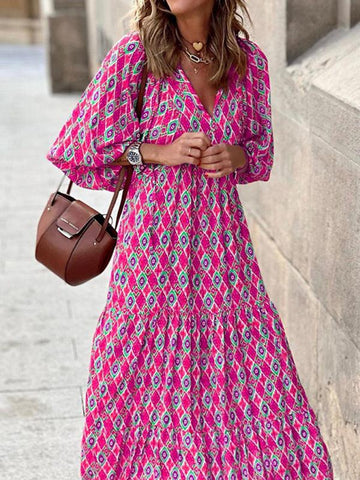 Women's Geometric Print Puff-sleeve Maxi Dress