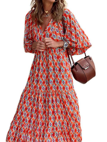 Women's Geometric Print Puff-sleeve Maxi Dress