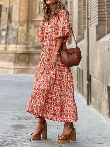 Women's Geometric Print Puff-sleeve Maxi Dress