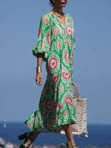 Women's Geometric Print Puff-sleeve Maxi Dress