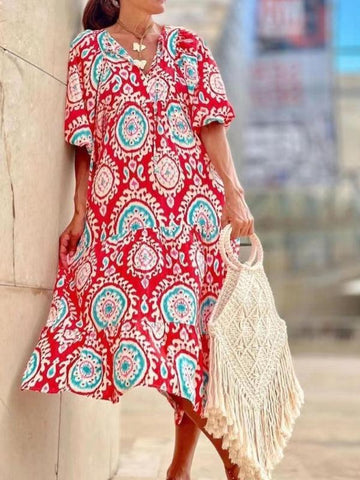 Women's Geometric Print Puff-sleeve Maxi Dress