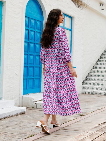 Women's Geometric Print Puff-sleeve Maxi Dress