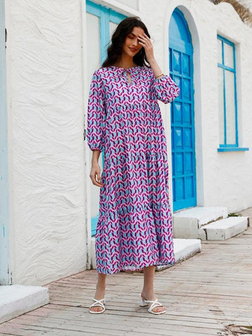 Women's Geometric Print Puff-sleeve Maxi Dress