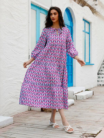 Women's Geometric Print Puff-sleeve Maxi Dress