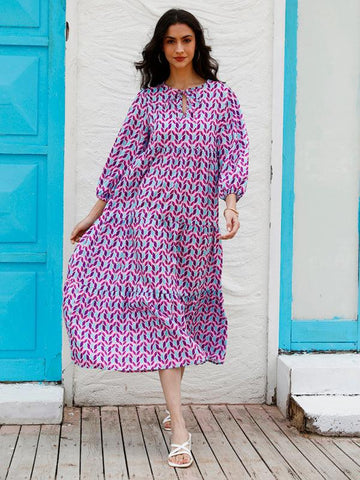 Women's Geometric Print Puff-sleeve Maxi Dress