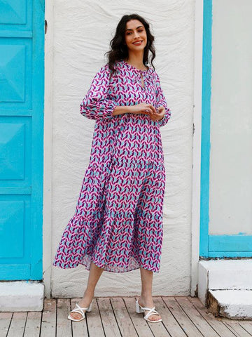 Women's Geometric Print Puff-sleeve Maxi Dress