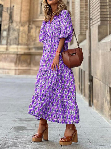 Women's Geometric Print Puff-sleeve Maxi Dress