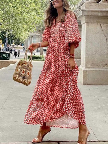 Women's Geometric Print Puff-sleeve Maxi Dress