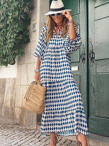 Women's Geometric Print Puff-sleeve Maxi Dress