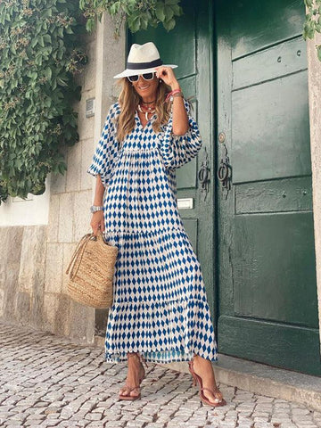 Women's Geometric Print Puff-sleeve Maxi Dress