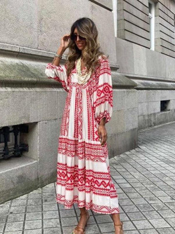 Women's Geometric Print Puff-sleeve Maxi Dress