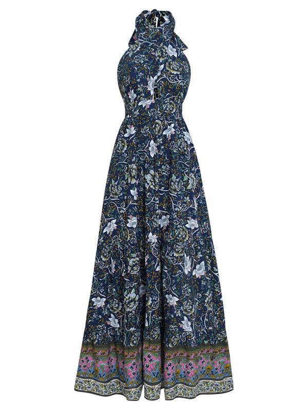 New women's bohemian style printed casual halter neck dress
