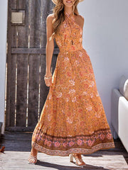 New women's bohemian style printed casual halter neck dress
