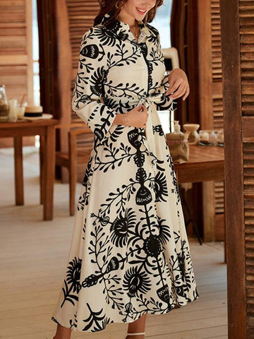 Women's Printed Buttoned Long-sleeve Jacquard Dress