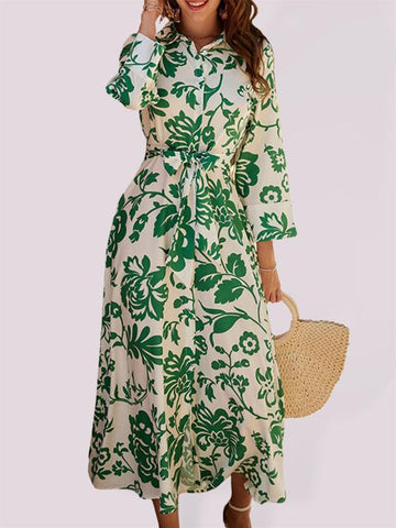 Women's Printed Buttoned Long-sleeve Jacquard Dress