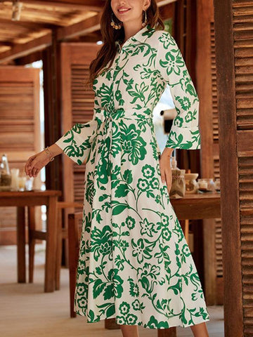 Women's Printed Buttoned Long-sleeve Jacquard Dress