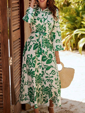 Women's Printed Buttoned Long-sleeve Jacquard Dress