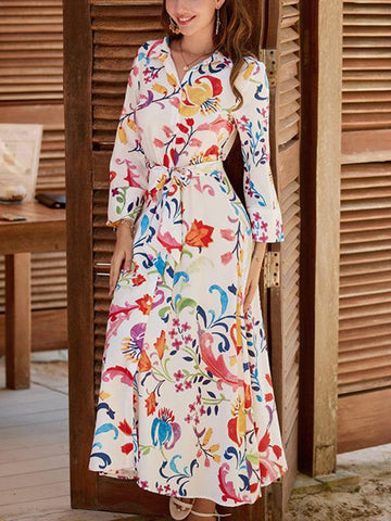 Women's Printed Buttoned Long-sleeve Jacquard Dress