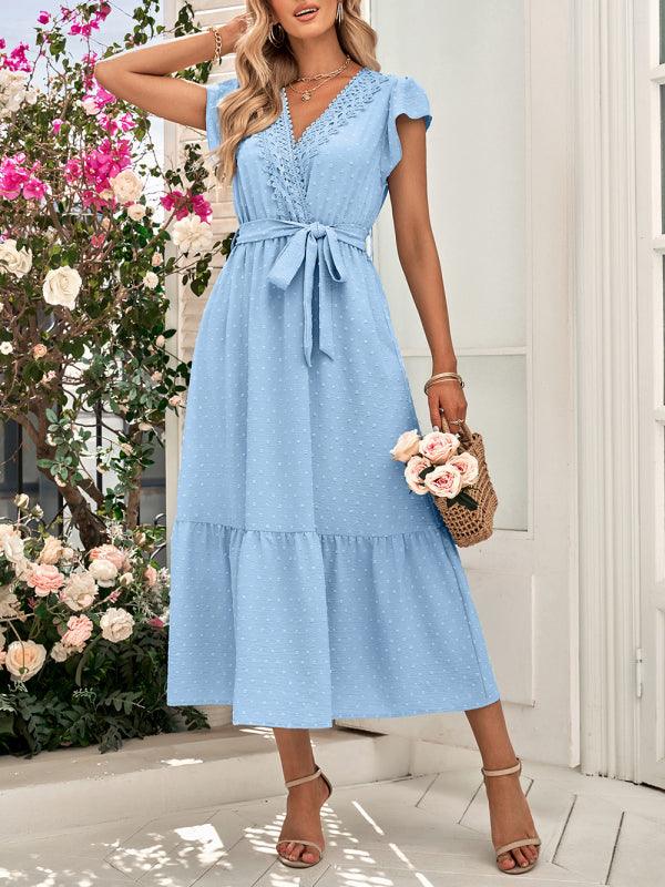 Casual new solid color casual tie waist lace V-neck dress