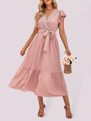 Casual new solid color casual tie waist lace V-neck dress