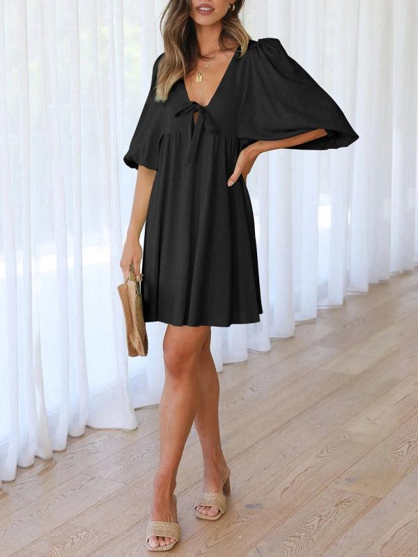 Women's Solid Color Tie Cutout Puff Sleeve Mini Dress
