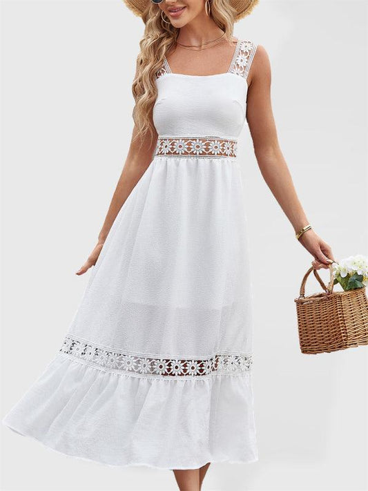 Women's White Hollow Lace Stitching Dress