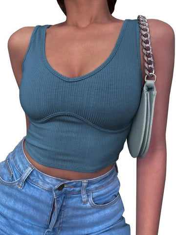 Women's V-Neck Stitching Stretch Solid Color Knit Tank Top