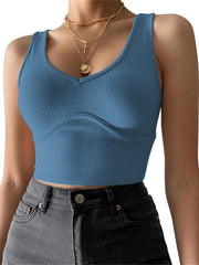 Women's V-Neck Stitching Stretch Solid Color Knit Tank Top