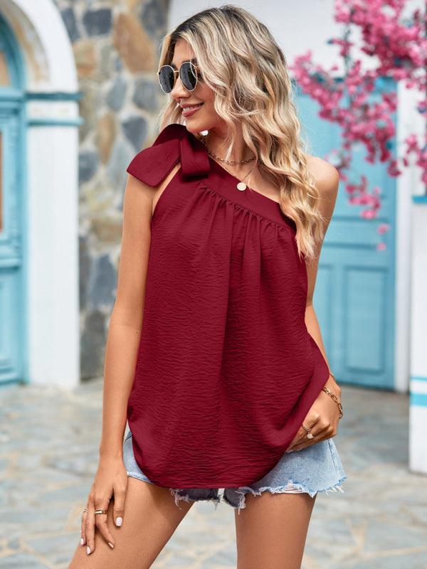 Women's Solid Color One-shoulder Ruffle Bow Blouse