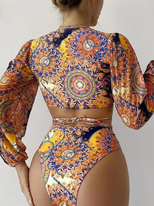 Women's Ethnic Printed Mesh Long Sleeve Bikini Set