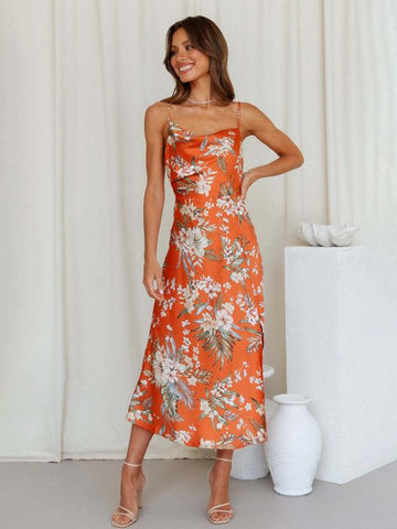 Women's Satin Sling Sexy Floral Midi Dress