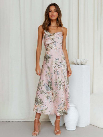 Women's Satin Sling Sexy Floral Midi Dress