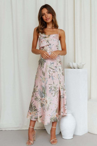 Women's Satin Sling Sexy Floral Midi Dress