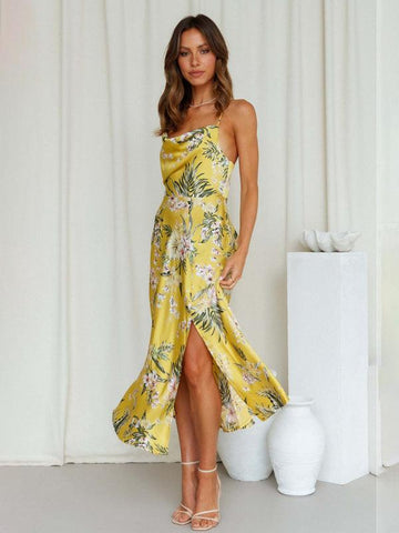 Women's Satin Sling Sexy Floral Midi Dress