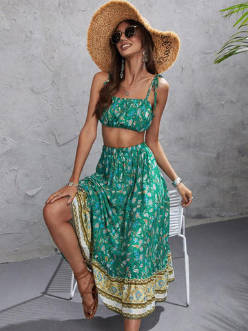 Women's Ethnic Printed Sling Top + Skirt Two-Piece Set